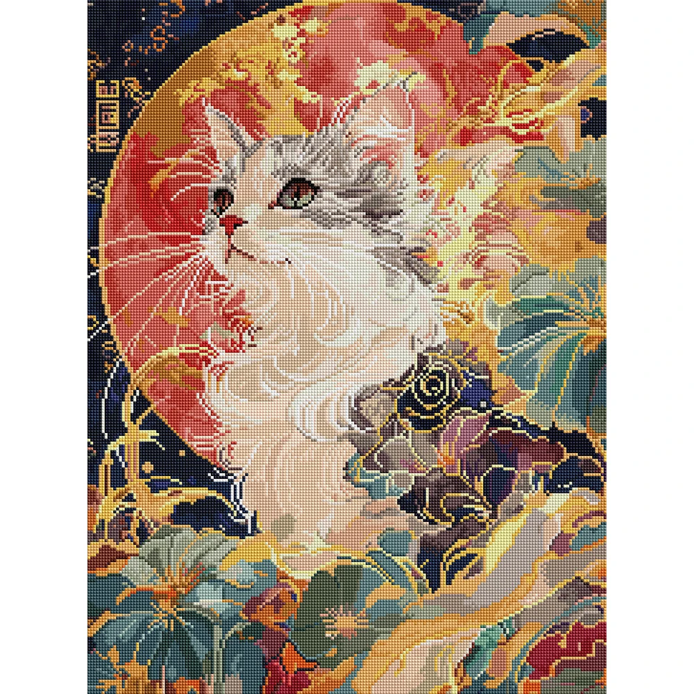 Resin Craft Ideas - 「永遠の若さ」5D DIY ダイヤモンドペイントキット。月明かりの下で囁く猫の絵柄。大人向けのフルスクエアデザイン。ABパール使用。サイズ：45cm x 60cm。