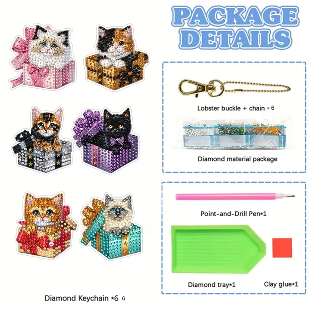 6ピースDIYダイヤモンドキーホルダー - 猫柄シリーズ、手 - Resin Craft Ideas のレビューと価格